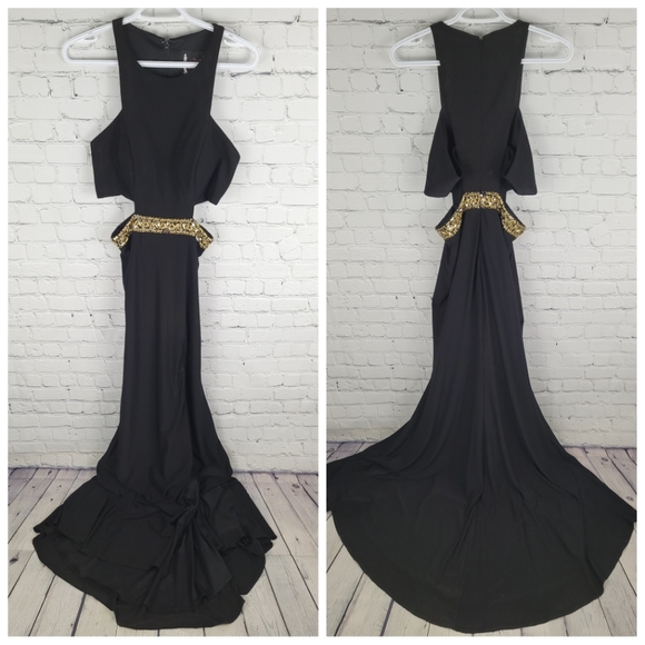 MAC DUGGAL | high neck side cutout sequin waist front slit train formal gown - Picture 1 of 9